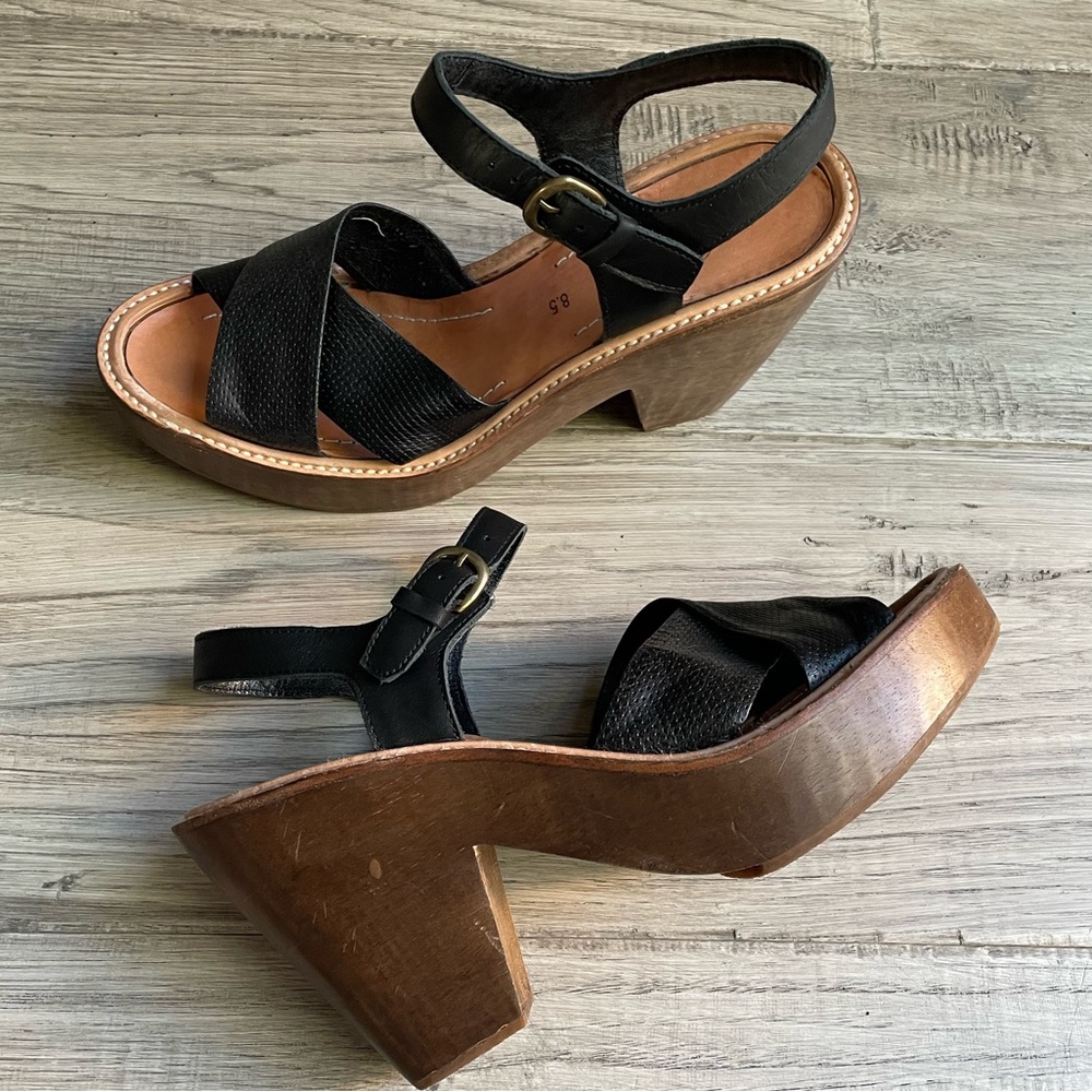Rachel Comey Black Leather Cross-Strap Wedge Sandals with Wood Platform - Picture 15 of 16